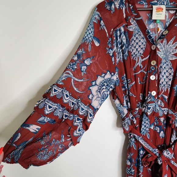 FARM Rio Tropical Landing Red Longsleeve Maxi Dress Medium Bohemian Resortwear - Picture 6 of 16